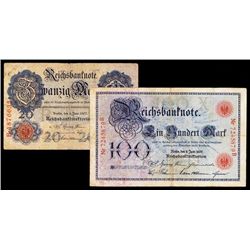 Reichsbanknote, Imperial Bank Note, 1907 Issue Banknote Pair.