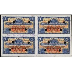 Union Bank of Scotland, Ltd, Archival Specimen, 1924 Issue Uncut Sheet of 4.