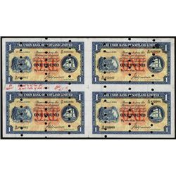 Union Bank of Scotland, Ltd, Archival Specimen, 1949-50 Issue Uncut Sheet of 4.