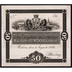 Malare Provinsernas Enskilda Bank, 1856 Issue Proof.