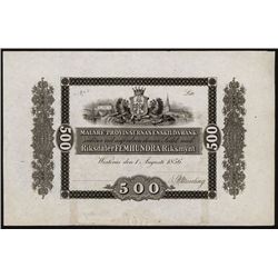 Malare Provinsernas Enskilda Bank, 1856 Issue Proof.