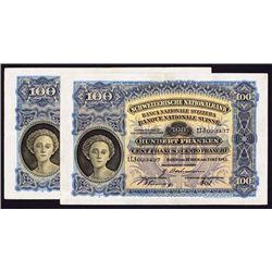 Swiss National Bank, 1943 Issue Banknote Pair.
