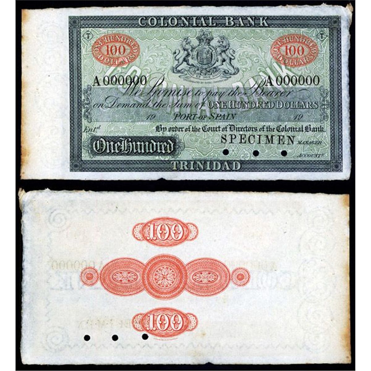 1900 Bank Note Colonial Bank, 1900's Issue Specimen Banknote.