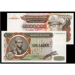 Banque Du Zaire Lot of 2 Specimen Banknotes.