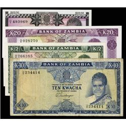 Bank of Zambia Lot of 4 Notes, 1969 to 1973 Issues.