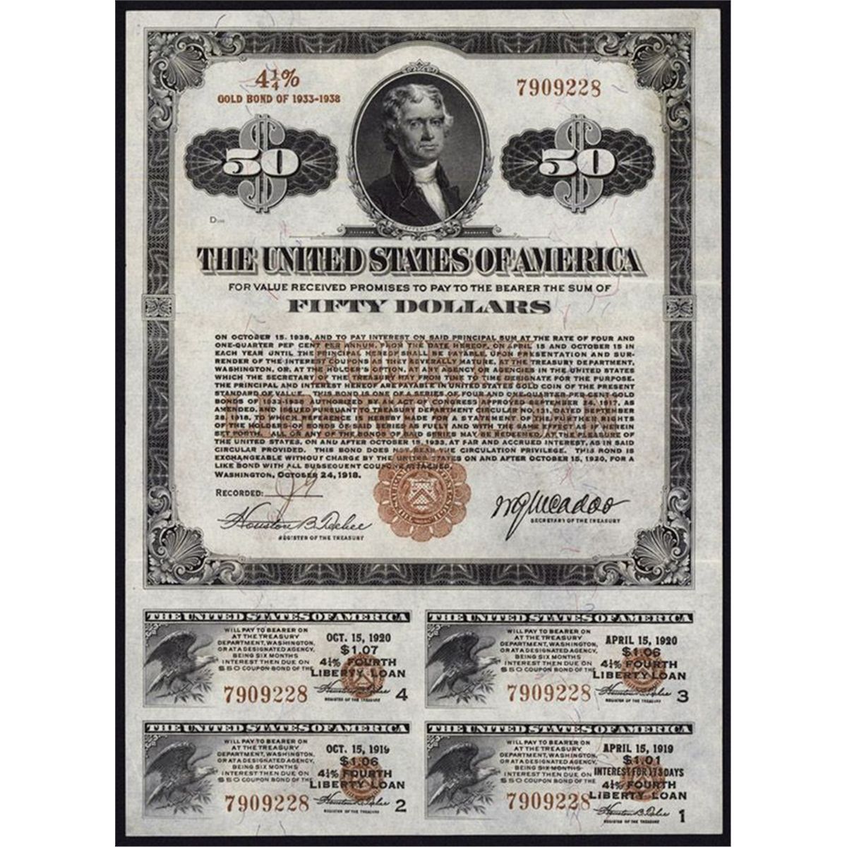 U.S. $50 Fourth Liberty Loan, 4 1/4% Gold Bond of 1933-1938.