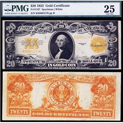 U.S. Gold Certificate, $20, 1922, Fr.#1187 Banknote.