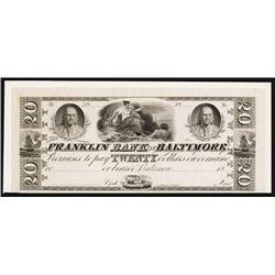 Franklin Bank of Baltimore, 1830-40's Proof Obsolete Banknote.