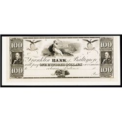 Franklin Bank of Baltimore, 1830-40's Proof Obsolete Banknote.