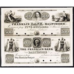 Franklin Bank of Baltimore, 1830-40's Uncut Proof Sheet of 2.