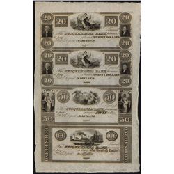 Susquehanna Bank, Port Deposit, Maryland, Uncut Obsolete Sheet of 4.