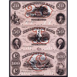 Kensington Bank in the County of Philadelphia, 1850's Full Color Uncut Proof Sheet of 3.