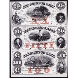 Kensington Bank in the County of Philadelphia, 1850's Full Color Uncut Proof Sheet of 3.
