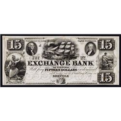 Exchange Bank of Virginia $15 Denomination, ca.1830's Obsolete Proof.