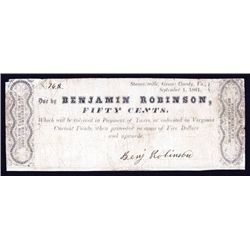 Benjamin Robinson, Stanardsville, Virginia 1861 Scrip Note.