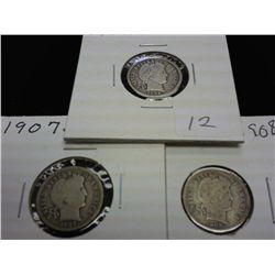 1902-O,07-S & 08-D BARBER DIMES