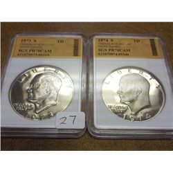 1973-S & 1974-S IKE DOLLARS SGS PR70 CAM