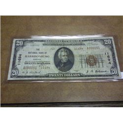 1929 $20 NATIONAL CURRENCY HARRISONBURG, VA