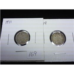 1911 & 1919 CANADA SILVER FIVE CENTS