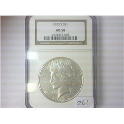 1923-S PEACE SILVER DOLLAR NGC AU58