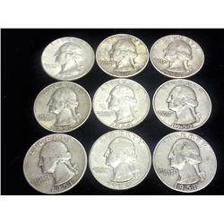 9 ASSORTED WASHINGTON SILVER QUARTERS
