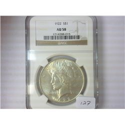 1922 PEACE SILVER DOLLAR NGC AU58