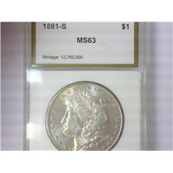 1881-S MORGAN SILVER DOLLAR PCI MS63
