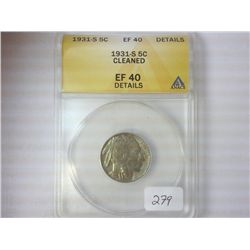 1931-S BUFFALO NICKEL ANACS EXTRA FINE 40 DETAILS