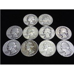 10 ASSORTED 1940'S WASHINGTON SILVER QUARTERS
