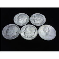 5-SILVER DIMES, 4-ROOSEVELT DIME & 1 CANADIAN