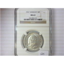 1927 VERMONT COMMEMORATIVE HALF NGC MS63
