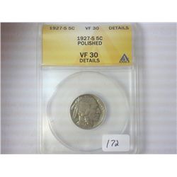 1927-S BUFFALO NICKEL ANACS VF30 DETAILS POLISHED