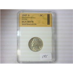 1945-S 35% SILVER JEFFERSON WAR NICKEL SGS MS70