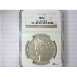 1923 PEACE SILVER DOLLAR NGC AU58