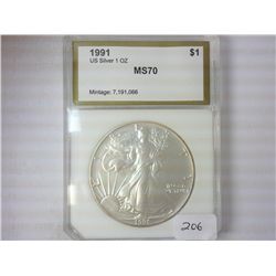 1991 AMERICAN SILVER EAGLE PCI MS70
