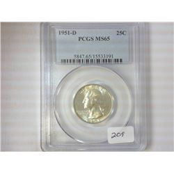 1951-D WASHINGTON SILVER QUARTER PCGS MS65