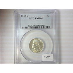 1943-D JEFFERSON NICKEL PCGS MS64