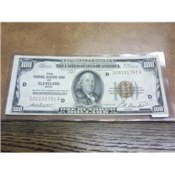 1929 $100 NATIONAL CURRENCY CLEVLAND OHIO