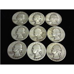9 ASSORTED 30'S WASHINGTON SILVER QUARTERS