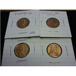 1937-D,39-P,40 & 47 LINCOLN CENTS (RED BU)