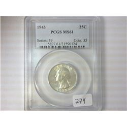 1945 WASHINGTON SILVER QUARTER PCGS MS61