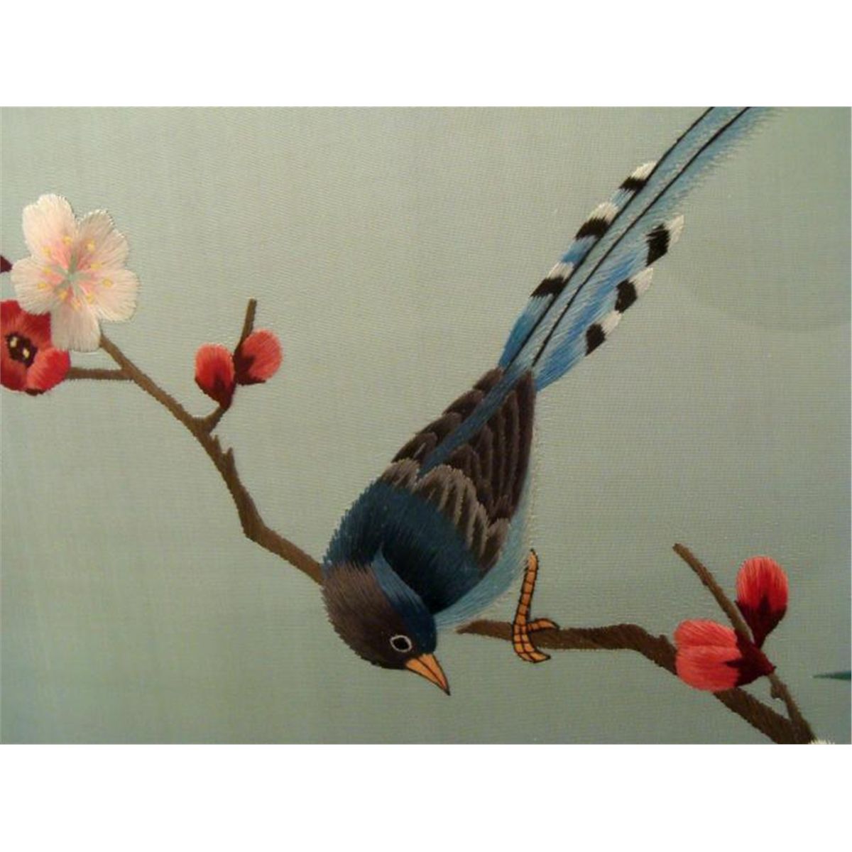 Japanese Bird Sewn Thread Art in Glass Framed
