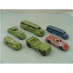 6 VINTAGE TOY CAST/RUBB VEHICLES-SUN,TOOTSIETOY,MANOIL