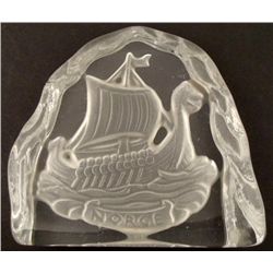 GLASS DESK ORNAMENT WITH TALL SHIP "NORGE" CARVED/FROST