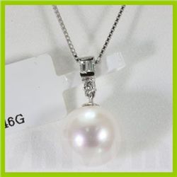 Genuine 0.058 ctw White Fresh Water Pearl & Diamond Baguette Necklace 14kt Gold-White