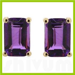 Genuine 8x6mm Emerald-Cut  Amethyst Earrings 14kt Gold-Yellow