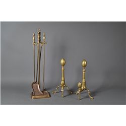 Pr. Antique Lemon Top Andirons& (4) Piece Tinder