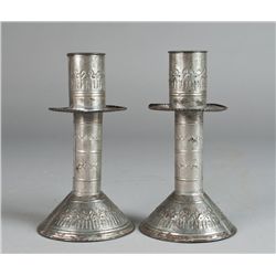 Pr. Of Early American Decorated Tin Candlesticks