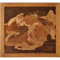 Signed Polish Marquetry Inlaid Alagorical Story