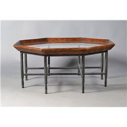 An Iron, Wood and Beveled Glass Octogonal Table